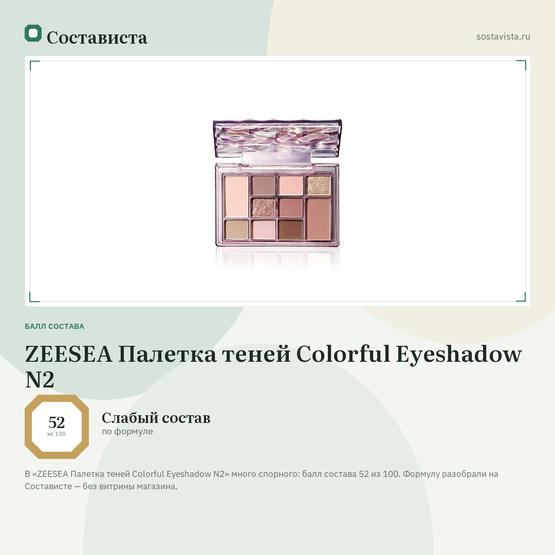 ZEESEA Палетка теней Colorful Eyeshadow N2: балл состава 52 из 100 — Состависта