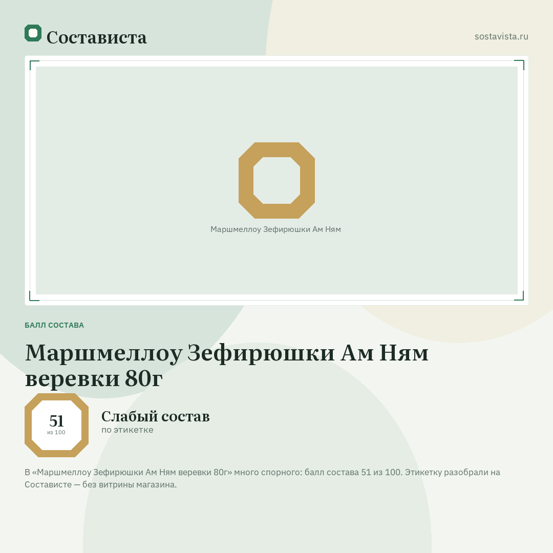 Маршмеллоу Зефирюшки Ам Ням веревки 80г: балл состава 51 из 100 — Состависта