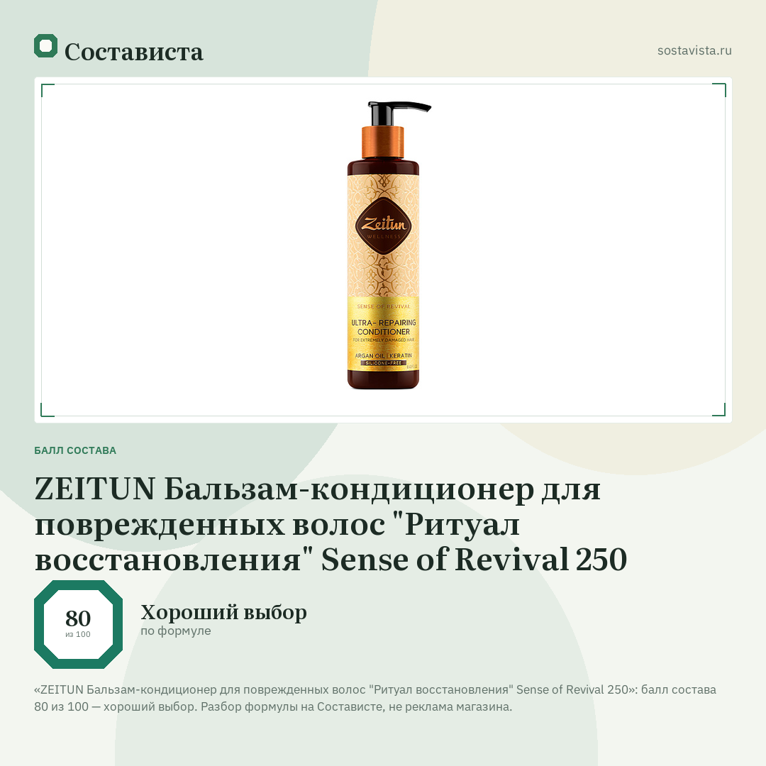 ZEITUN Бальзам-кондиционер для поврежденных волос "Ритуал восстановления" Sense of Revival 250: балл состава 80 из 100 — Состависта