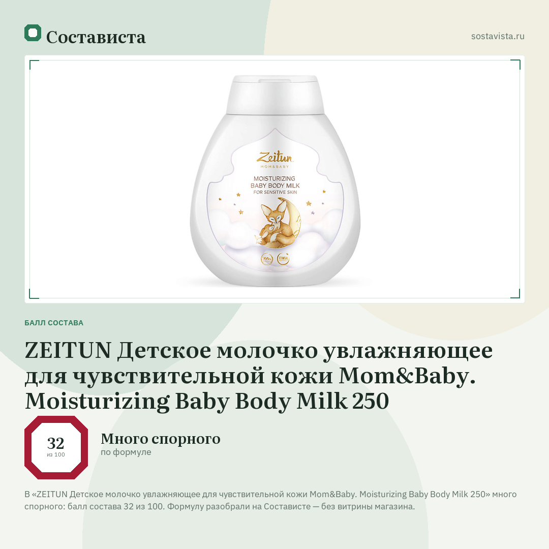 ZEITUN Детское молочко увлажняющее для чувствительной кожи Mom&Baby. Moisturizing Baby Body Milk 250: балл состава 32 из 100 — Состависта