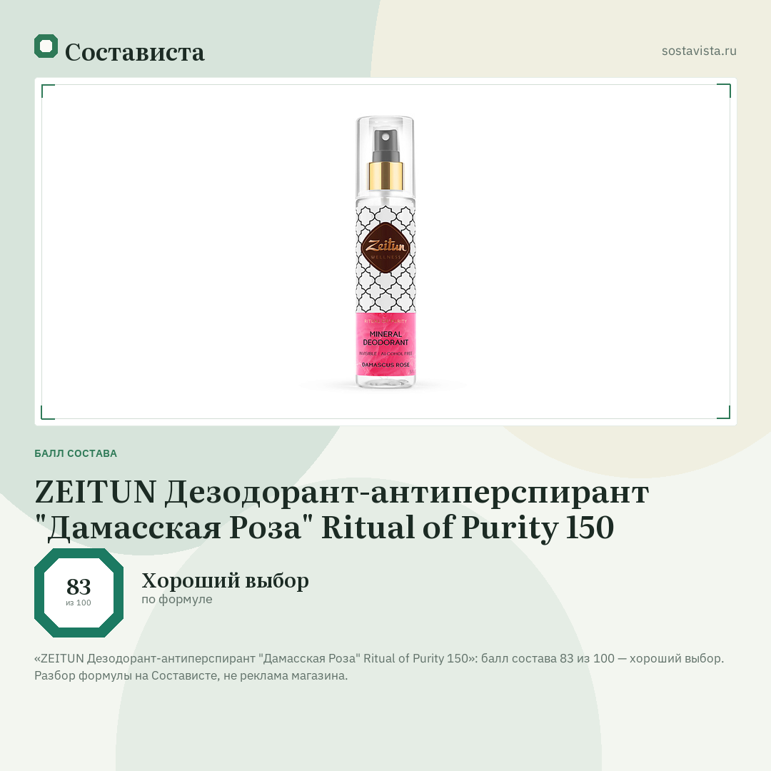 ZEITUN Дезодорант-антиперспирант "Дамасская Роза" Ritual of Purity 150: балл состава 83 из 100 — Состависта