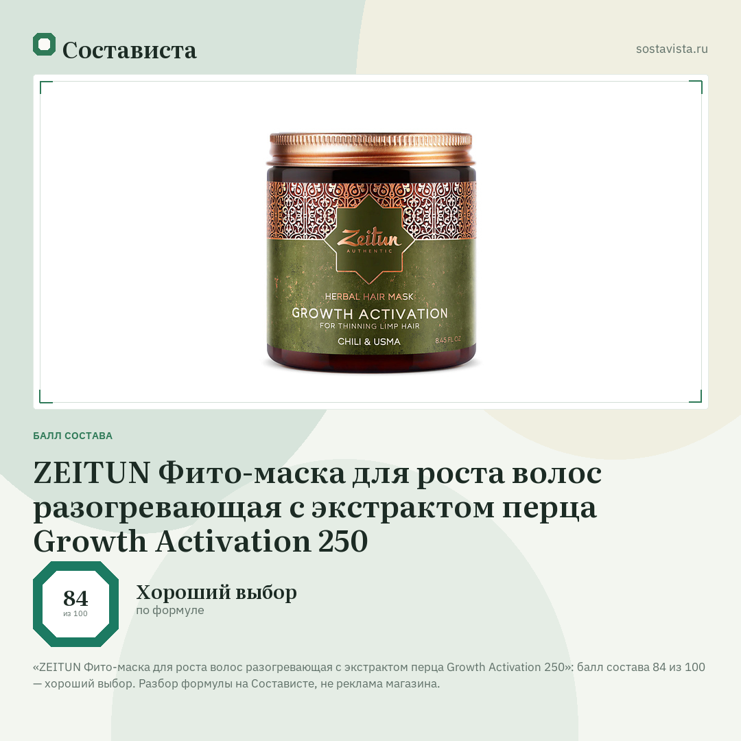 ZEITUN Фито-маска для роста волос разогревающая с экстрактом перца Growth Activation 250: балл состава 84 из 100 — Состависта