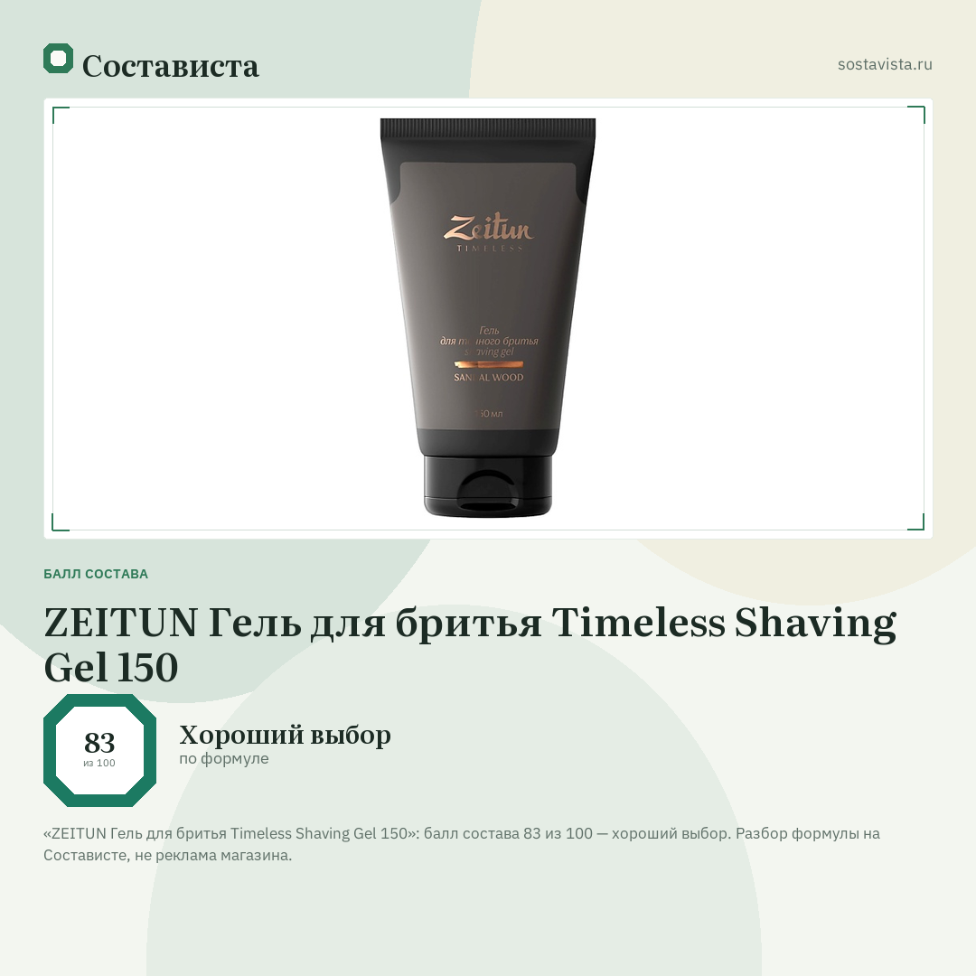 ZEITUN Гель для бритья Timeless Shaving Gel 150: балл состава 83 из 100 — Состависта