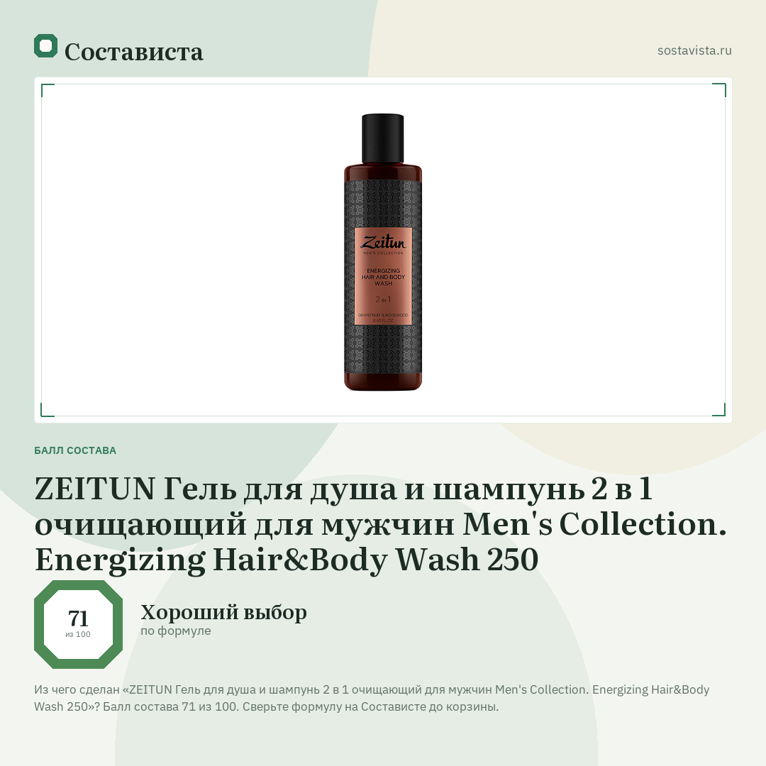 ZEITUN Гель для душа и шампунь 2 в 1 очищающий для мужчин Men's Collection. Energizing Hair&Body Wash 250: балл состава 71 из 100 — Состависта