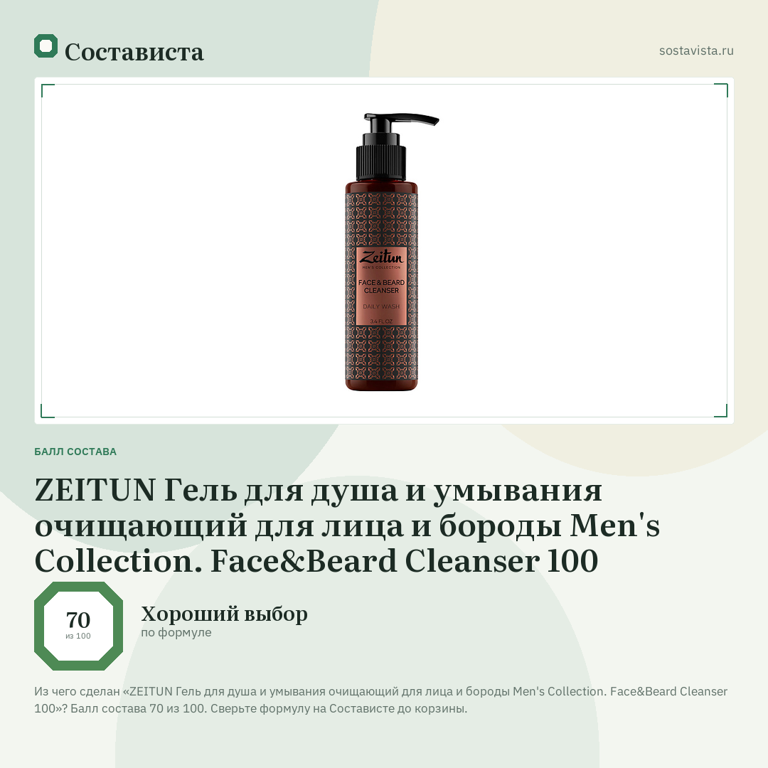 ZEITUN Гель для душа и умывания очищающий для лица и бороды Men's Collection. Face&Beard Cleanser 100: балл состава 70 из 100 — Состависта