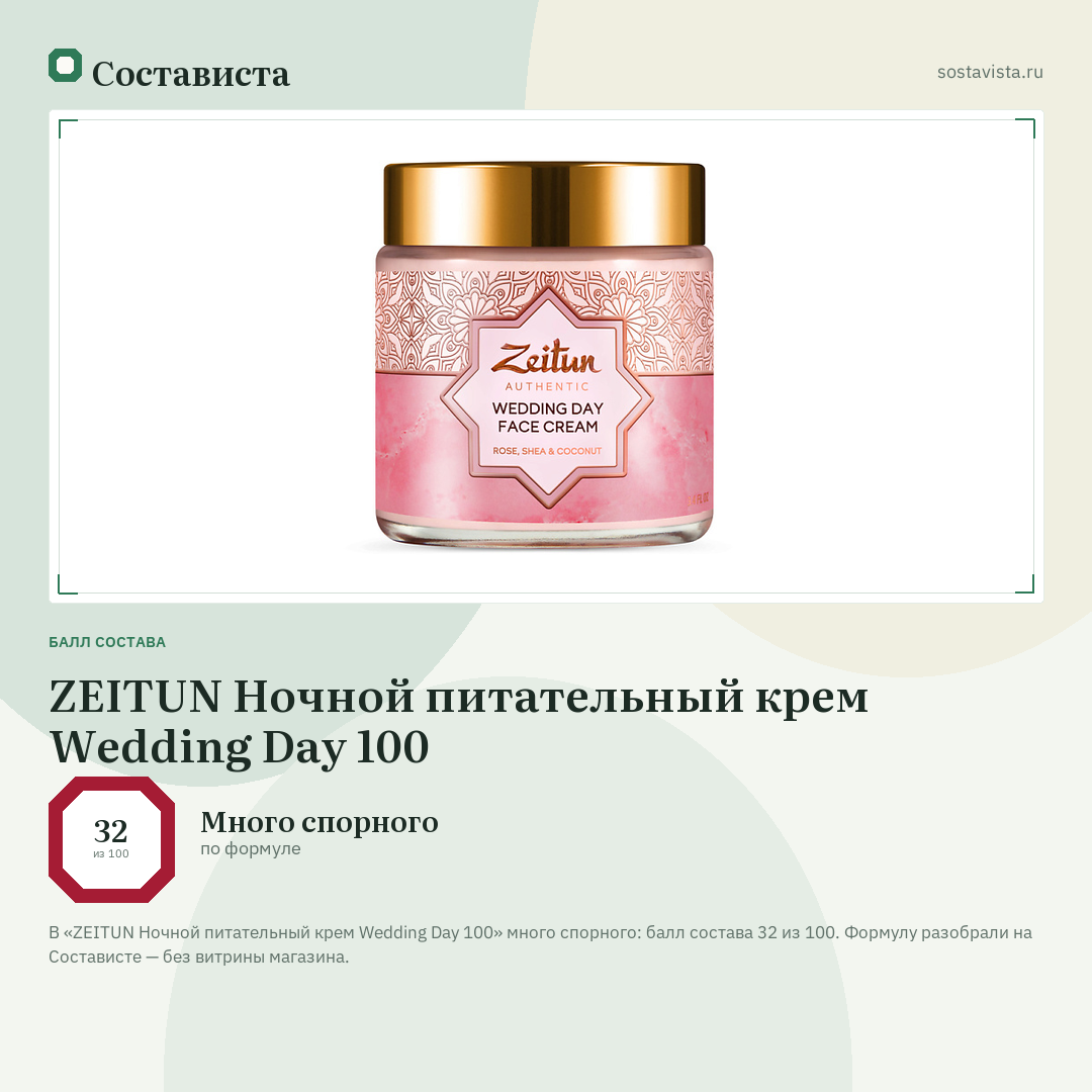 ZEITUN Ночной питательный крем Wedding Day 100: балл состава 32 из 100 — Состависта