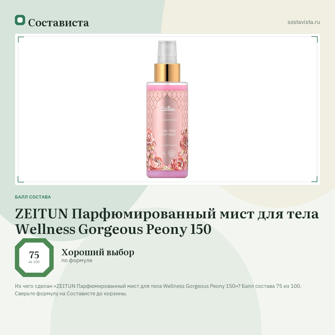 ZEITUN Парфюмированный мист для тела Wellness Gorgeous Peony 150: балл состава 75 из 100 — Состависта