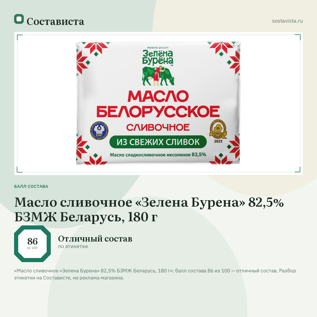 Масло сливочное «Зелена Бурена» 82,5% БЗМЖ Беларусь, 180 г: балл состава 86 из 100 — Состависта