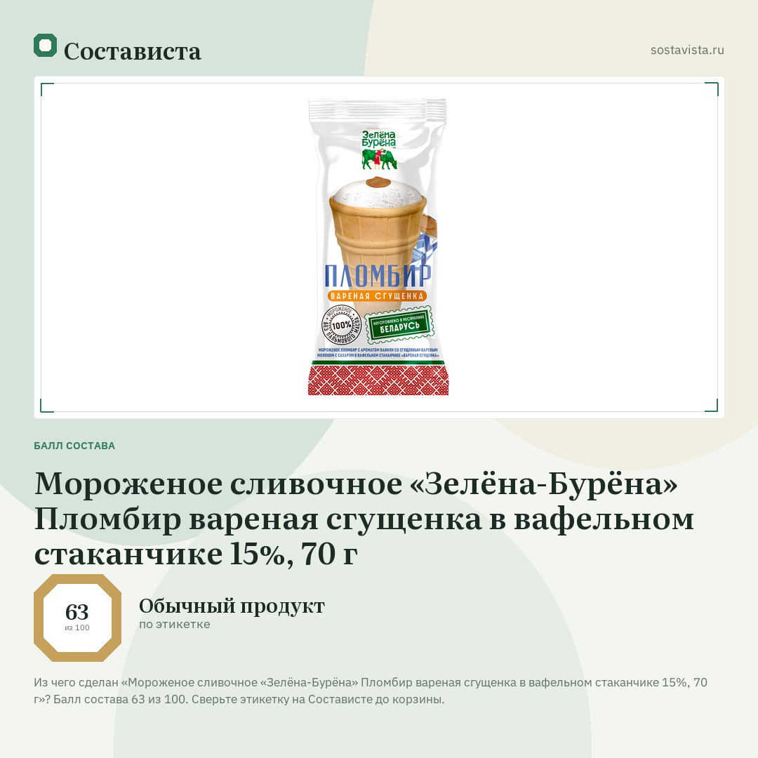 Мороженое сливочное «Зелёна-Бурёна» Пломбир вареная сгущенка в вафельном стаканчике 15%, 70 г: балл состава 63 из 100 — Состависта