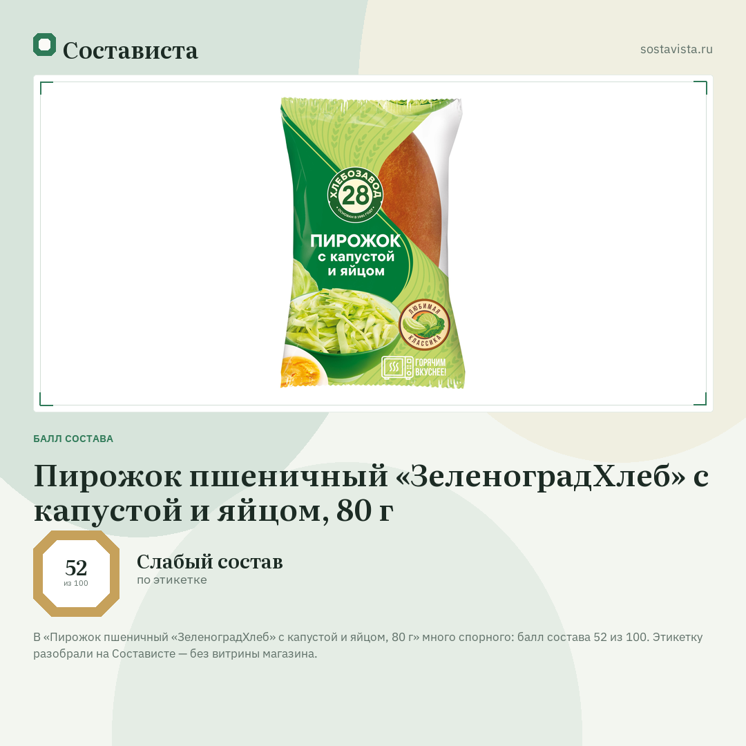 Пирожок пшеничный «ЗеленоградХлеб» с капустой и яйцом, 80 г: балл состава 52 из 100 — Состависта