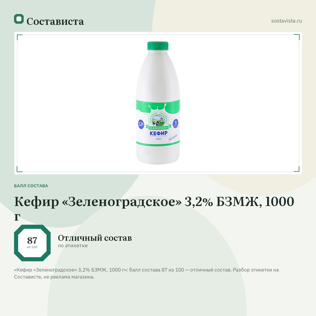 Кефир «Зеленоградское» 3,2% БЗМЖ, 1000 г: балл состава 87 из 100 — Состависта
