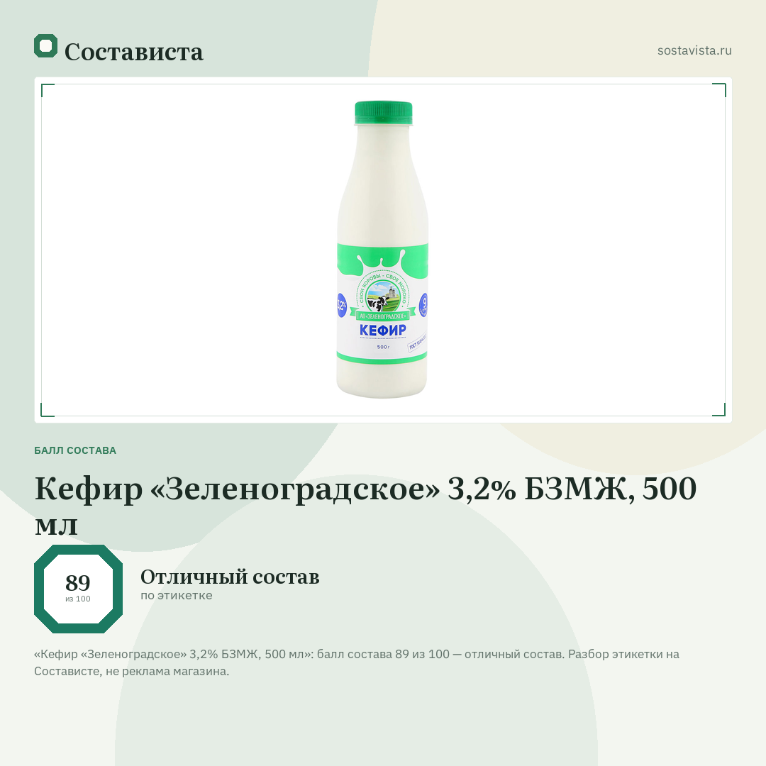 Кефир «Зеленоградское» 3,2% БЗМЖ, 500 мл: балл состава 89 из 100 — Состависта
