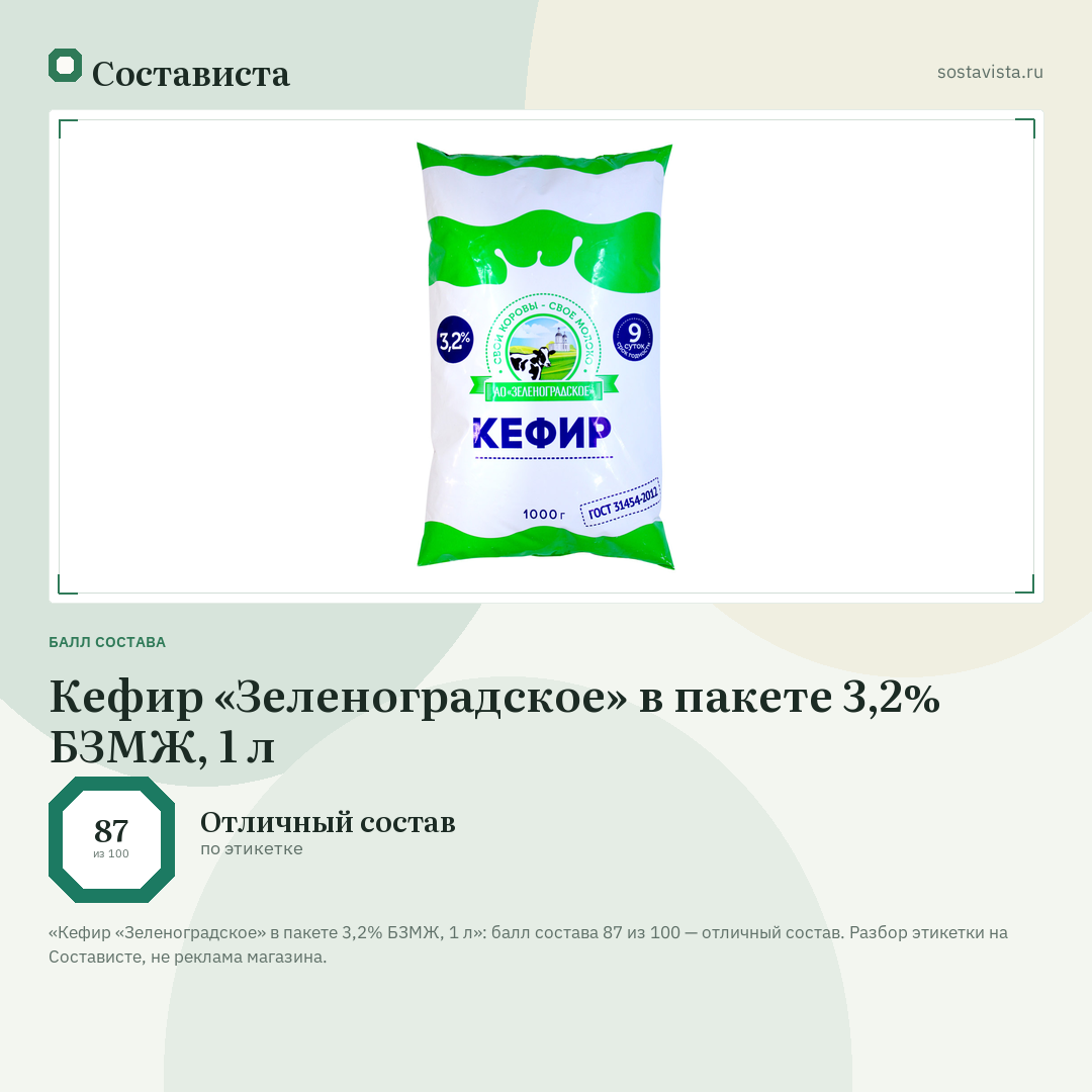 Кефир «Зеленоградское» в пакете 3,2% БЗМЖ, 1 л: балл состава 87 из 100 — Состависта