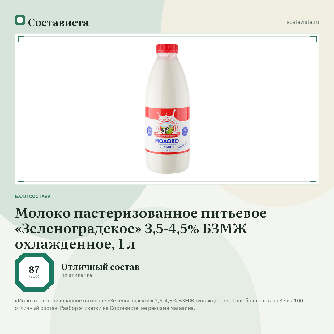 Молоко пастеризованное питьевое «Зеленоградское» 3,5-4,5% БЗМЖ охлажденное, 1 л: балл состава 87 из 100 — Состависта