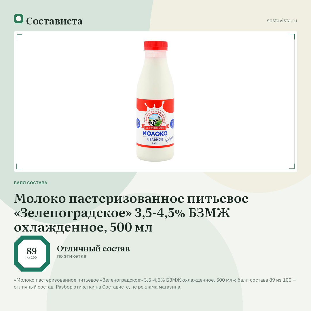 Молоко пастеризованное питьевое «Зеленоградское» 3,5-4,5% БЗМЖ охлажденное, 500 мл: балл состава 89 из 100 — Состависта
