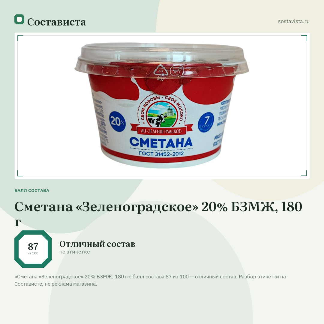 Сметана «Зеленоградское» 20% БЗМЖ, 180 г: балл состава 87 из 100 — Состависта