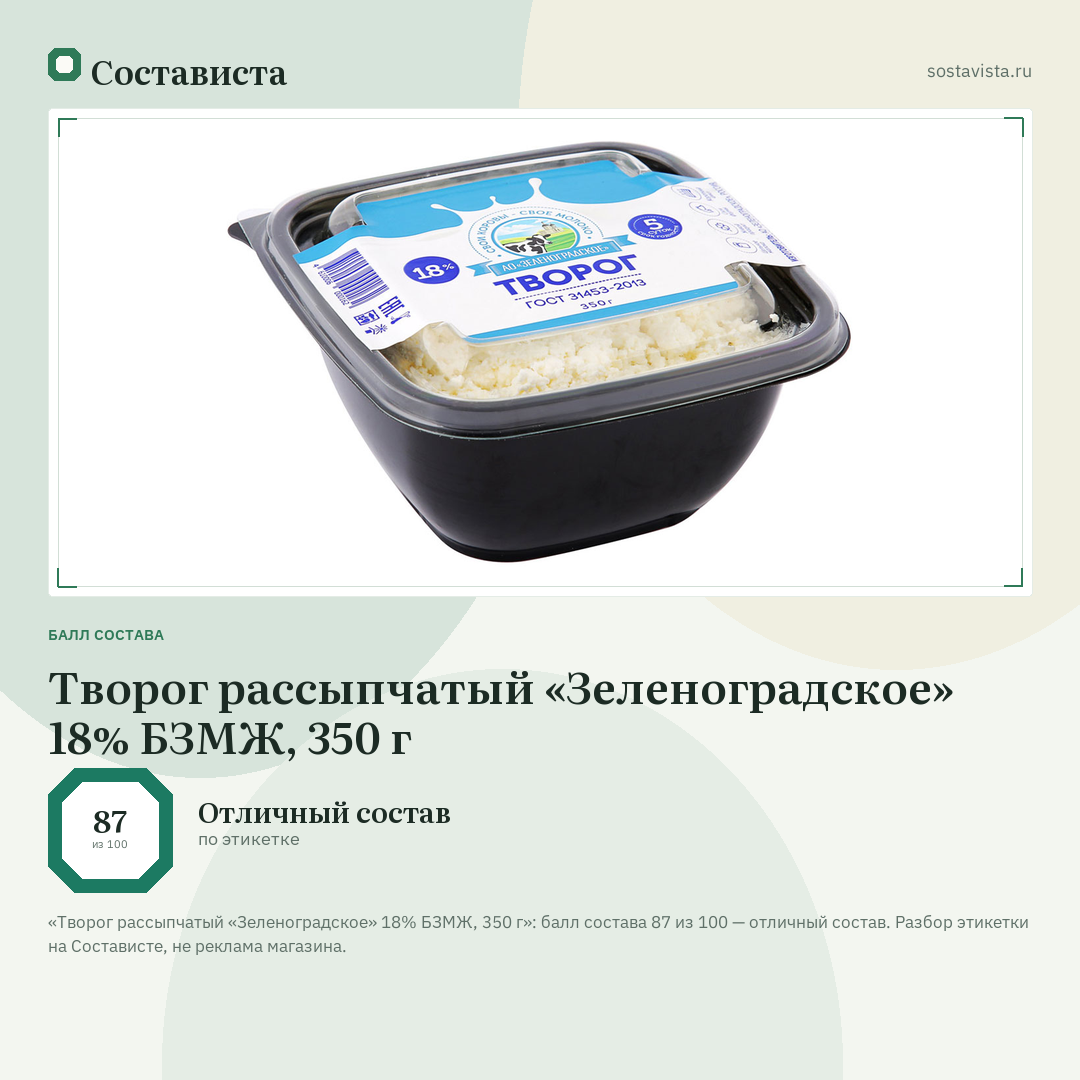 Творог рассыпчатый «Зеленоградское» 18% БЗМЖ, 350 г: балл состава 87 из 100 — Состависта