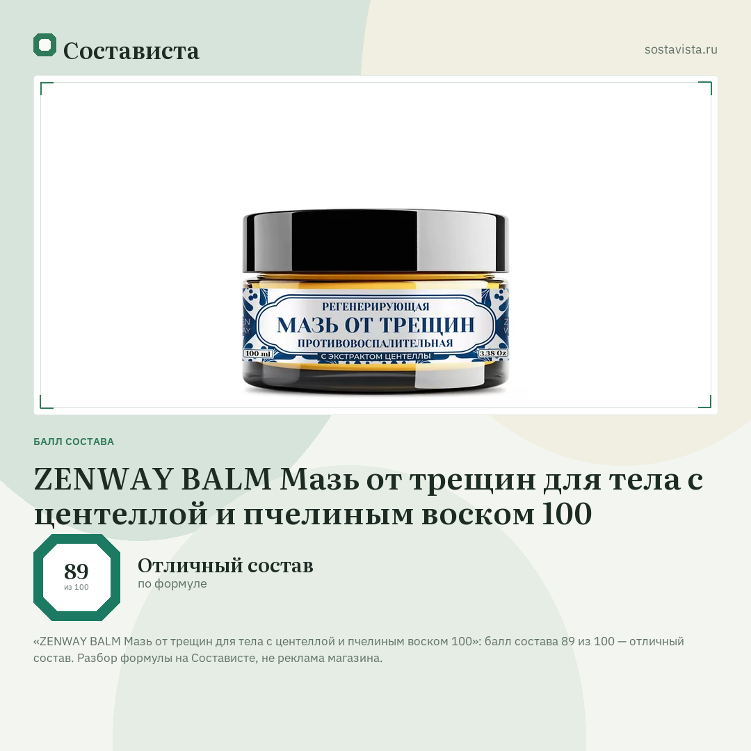 ZENWAY BALM Мазь от трещин для тела с центеллой и пчелиным воском 100: балл состава 89 из 100 — Состависта