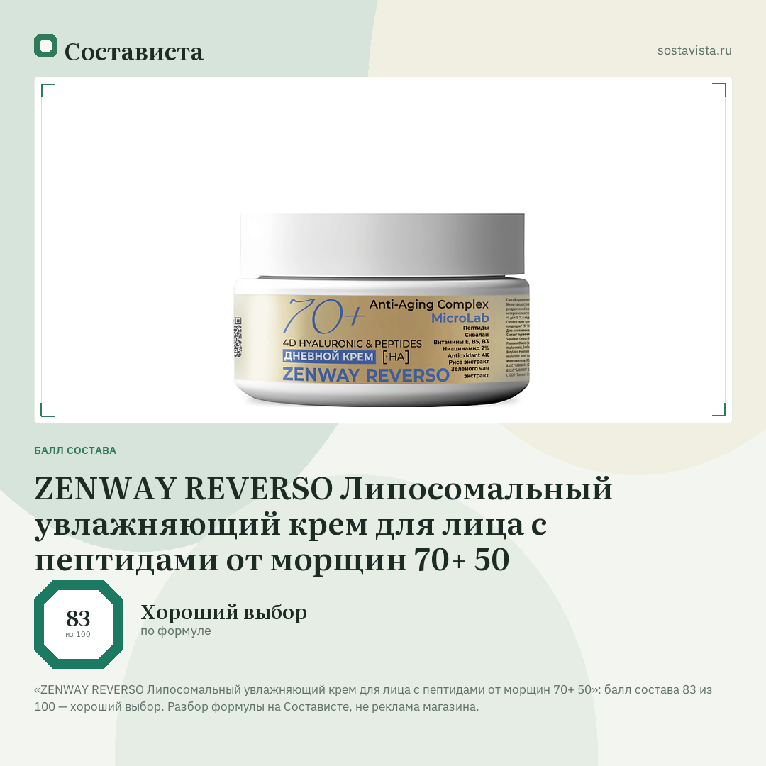 ZENWAY REVERSO Липосомальный увлажняющий крем для лица с пептидами от морщин 70+ 50: балл состава 83 из 100 — Состависта