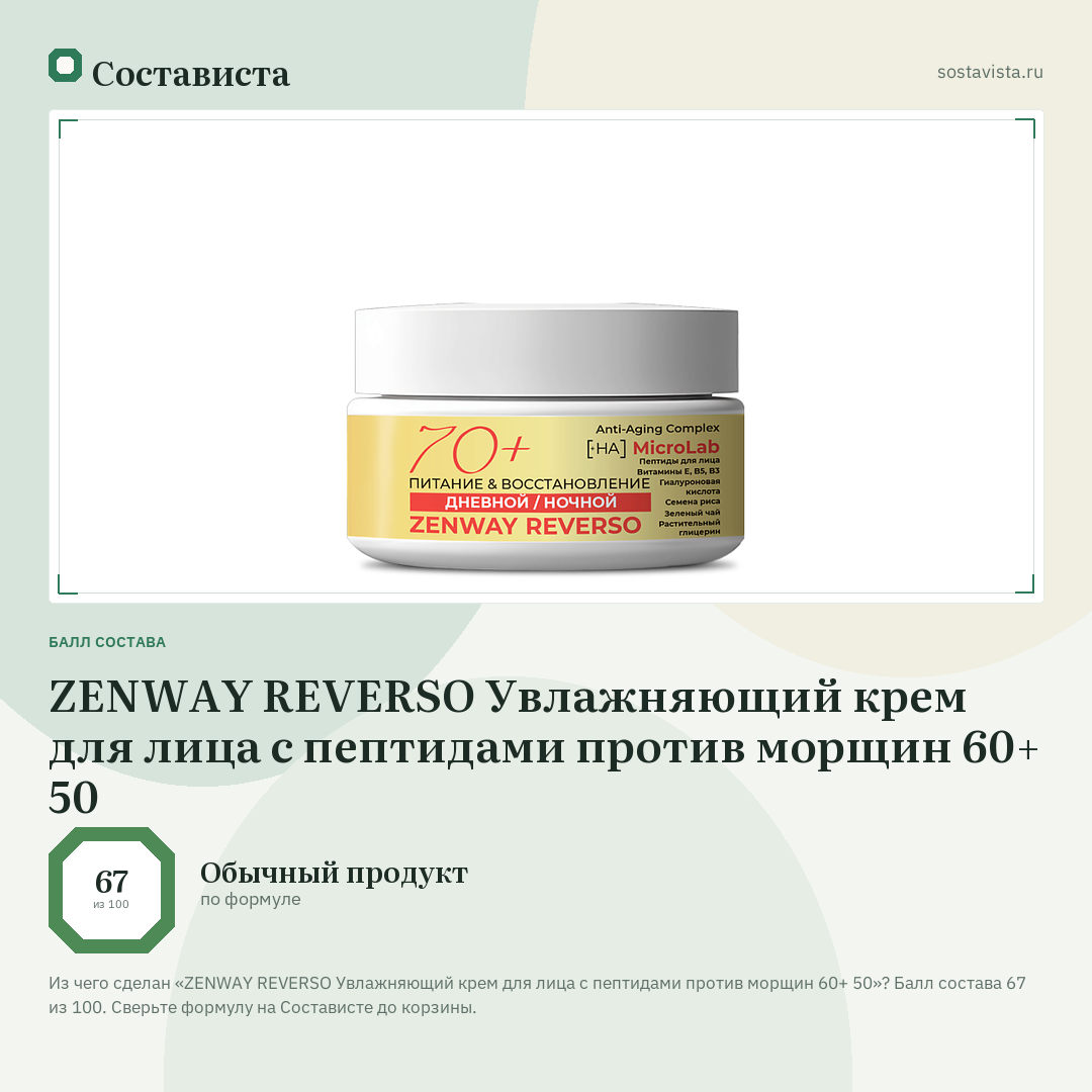 ZENWAY REVERSO Увлажняющий крем для лица с пептидами против морщин 60+ 50: балл состава 67 из 100 — Состависта