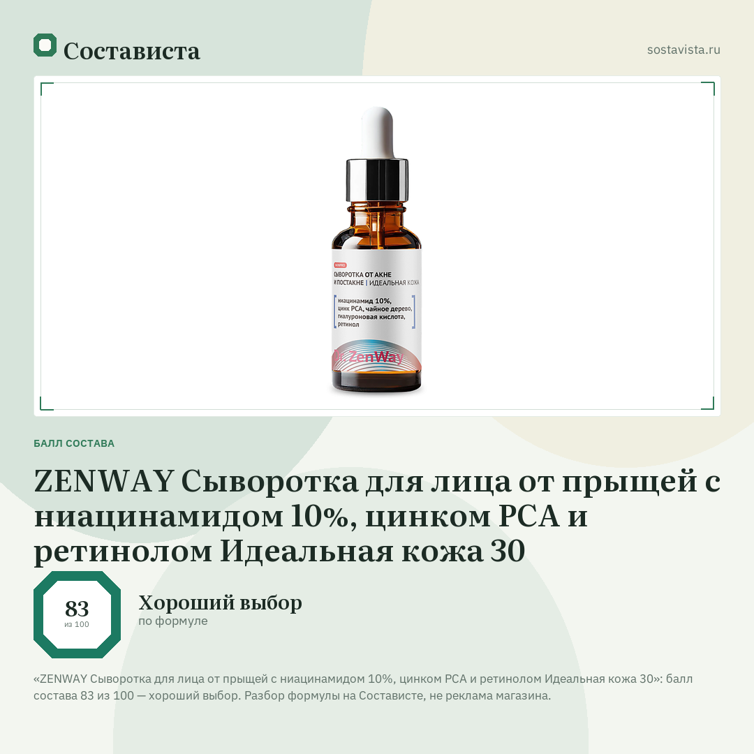 ZENWAY Сыворотка для лица от прыщей с ниацинамидом 10%, цинком PCA и ретинолом Идеальная кожа 30: балл состава 83 из 100 — Состависта