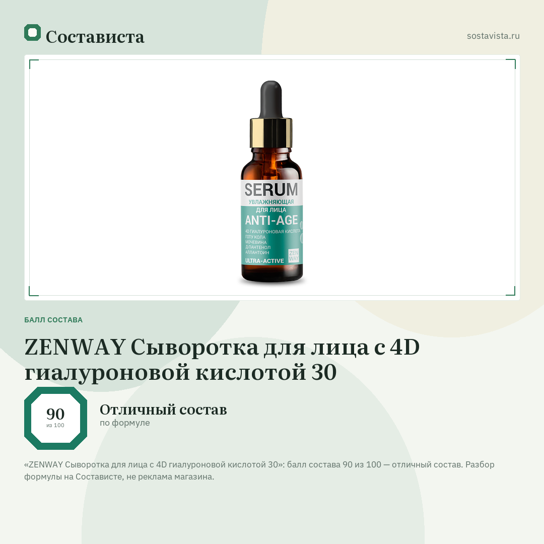 ZENWAY Сыворотка для лица с 4D гиалуроновой кислотой 30: балл состава 90 из 100 — Состависта
