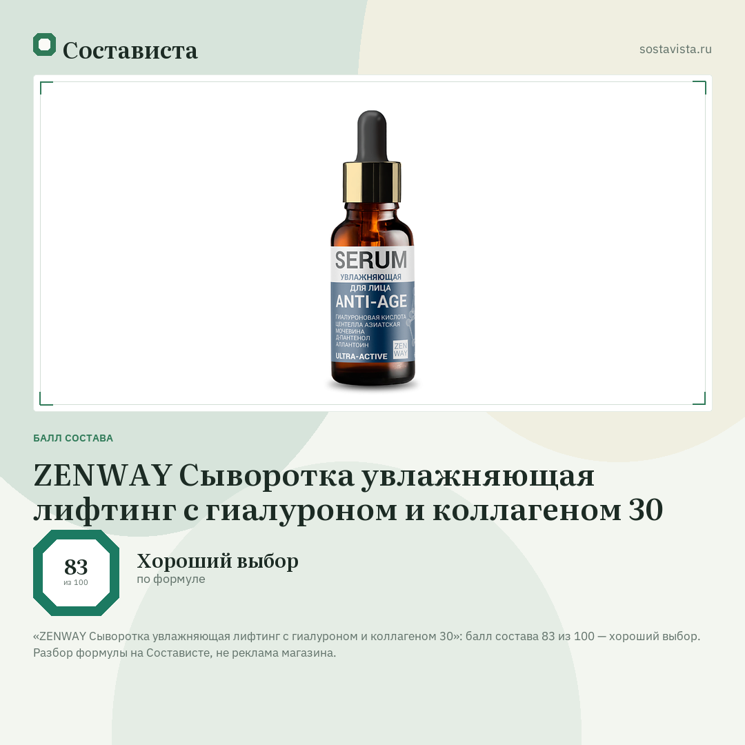 ZENWAY Сыворотка увлажняющая лифтинг с гиалуроном и коллагеном 30: балл состава 83 из 100 — Состависта