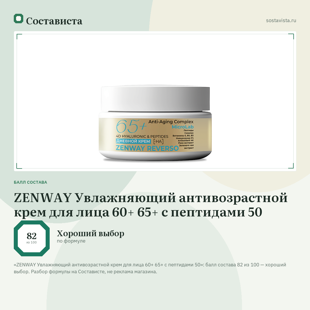 ZENWAY Увлажняющий антивозрастной крем для лица 60+ 65+ с пептидами 50: балл состава 82 из 100 — Состависта