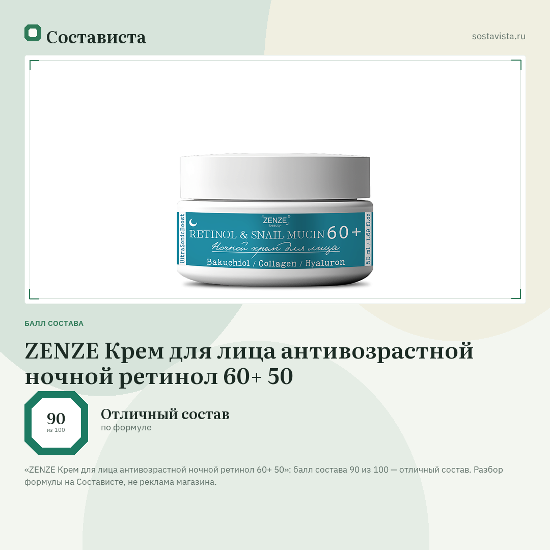 ZENZE Крем для лица антивозрастной ночной ретинол 60+ 50: балл состава 90 из 100 — Состависта