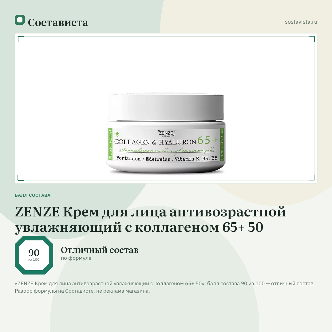 ZENZE Крем для лица антивозрастной увлажняющий с коллагеном 65+ 50: балл состава 90 из 100 — Состависта