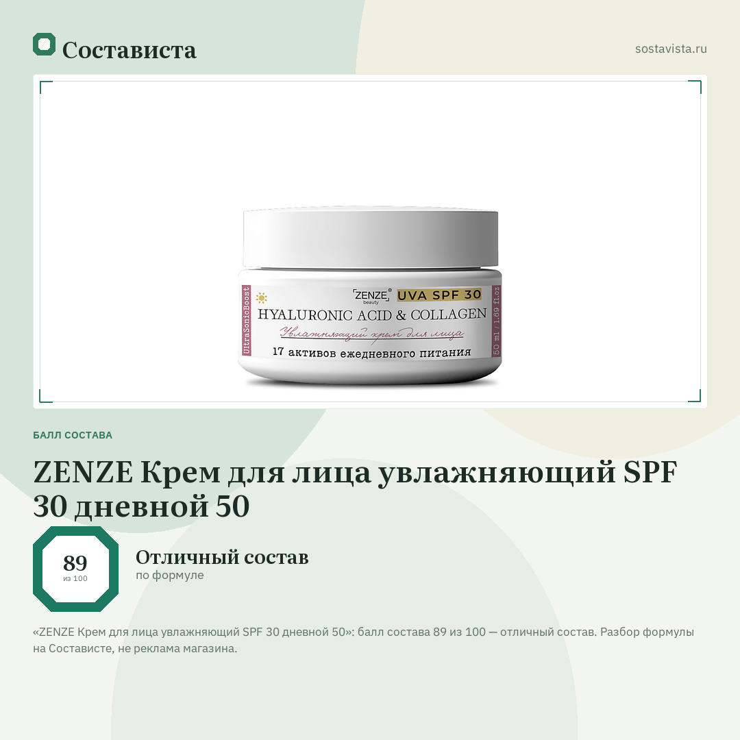 ZENZE Крем для лица увлажняющий SPF 30 дневной 50: балл состава 89 из 100 — Состависта