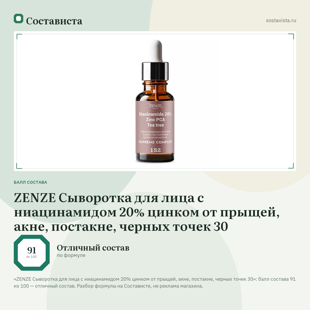 ZENZE Сыворотка для лица с ниацинамидом 20% цинком от прыщей, акне, постакне, черных точек 30: балл состава 91 из 100 — Состависта