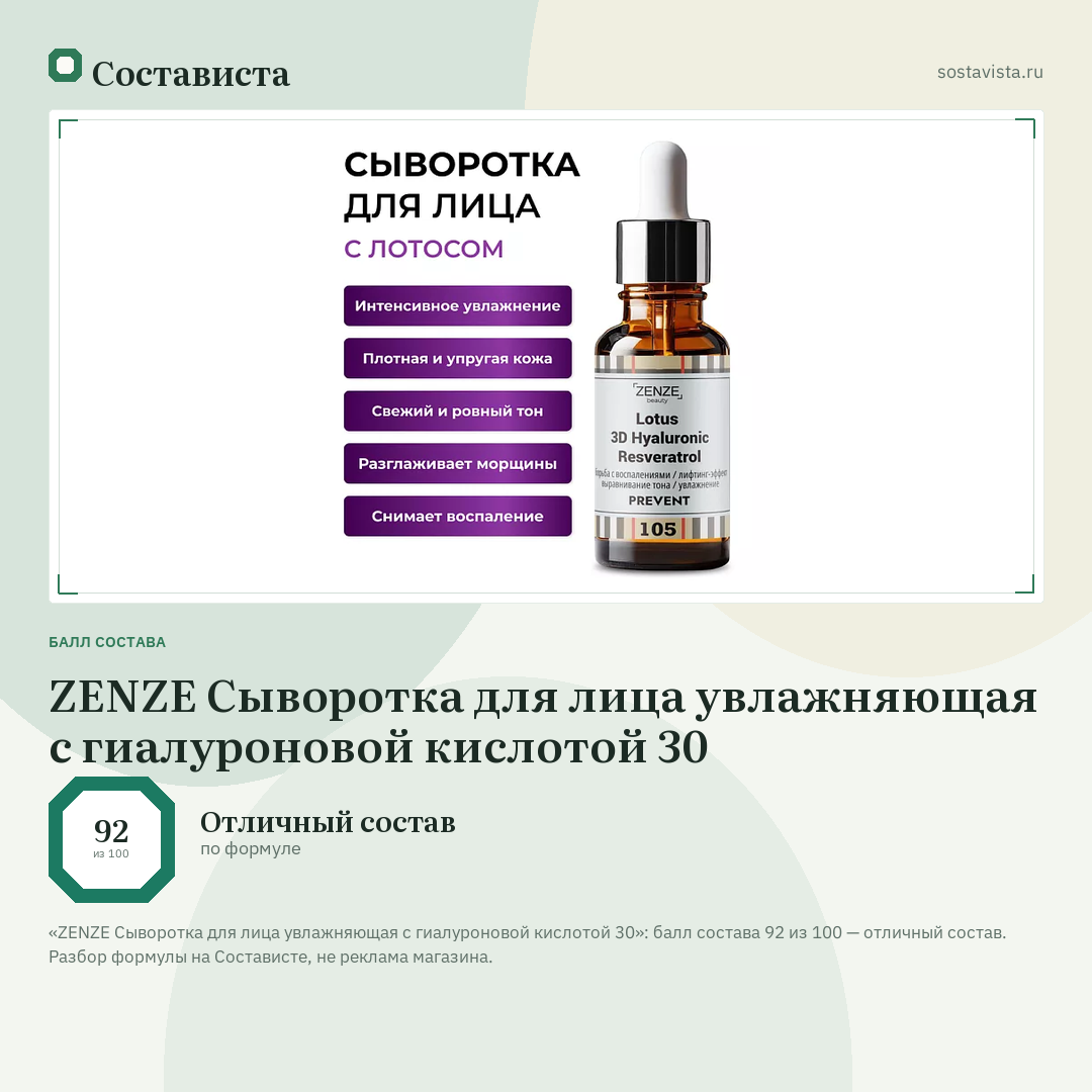 ZENZE Сыворотка для лица увлажняющая с гиалуроновой кислотой 30: балл состава 92 из 100 — Состависта