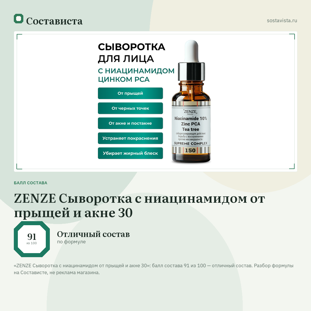 ZENZE Сыворотка с ниацинамидом от прыщей и акне 30: балл состава 91 из 100 — Состависта