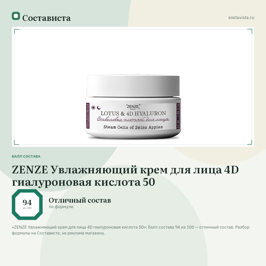 ZENZE Увлажняющий крем для лица 4D гиалуроновая кислота 50: балл состава 94 из 100 — Состависта