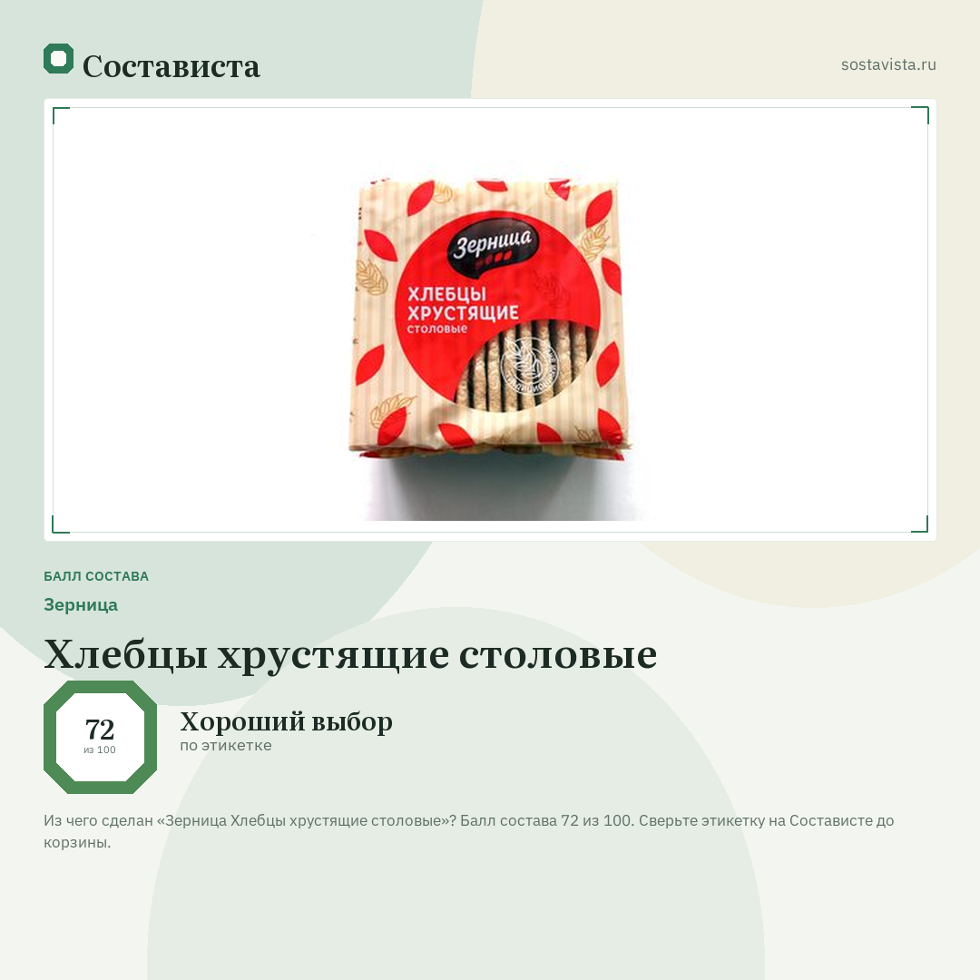Зерница Хлебцы хрустящие столовые: балл состава 72 из 100 — Состависта