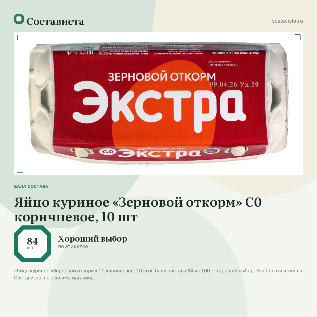 Яйцо куриное «Зерновой откорм» С0 коричневое, 10 шт: балл состава 84 из 100 — Состависта