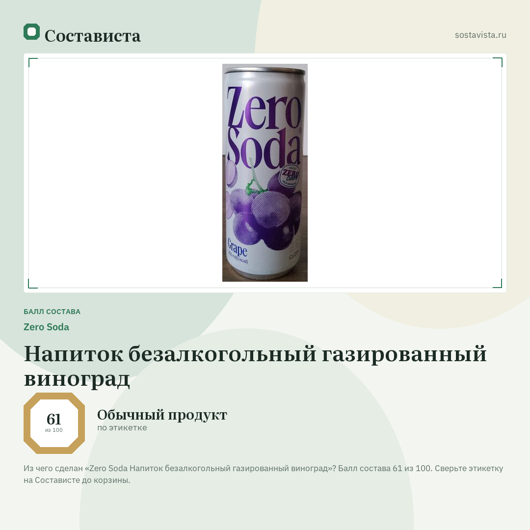 Zero Soda Напиток безалкогольный газированный виноград: балл состава 61 из 100 — Состависта