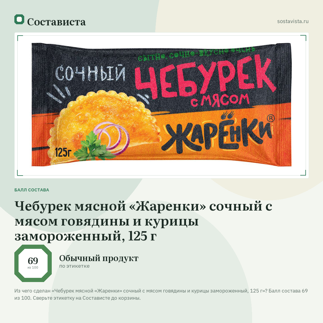 Чебурек мясной «Жаренки» сочный с мясом говядины и курицы замороженный, 125 г: балл состава 69 из 100 — Состависта