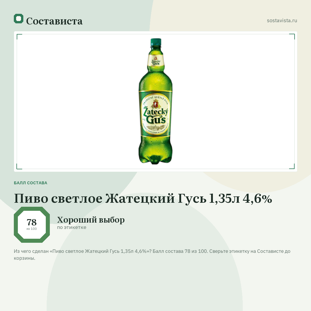 Пиво светлое Жатецкий Гусь 1,35л 4,6%: балл состава 78 из 100 — Состависта
