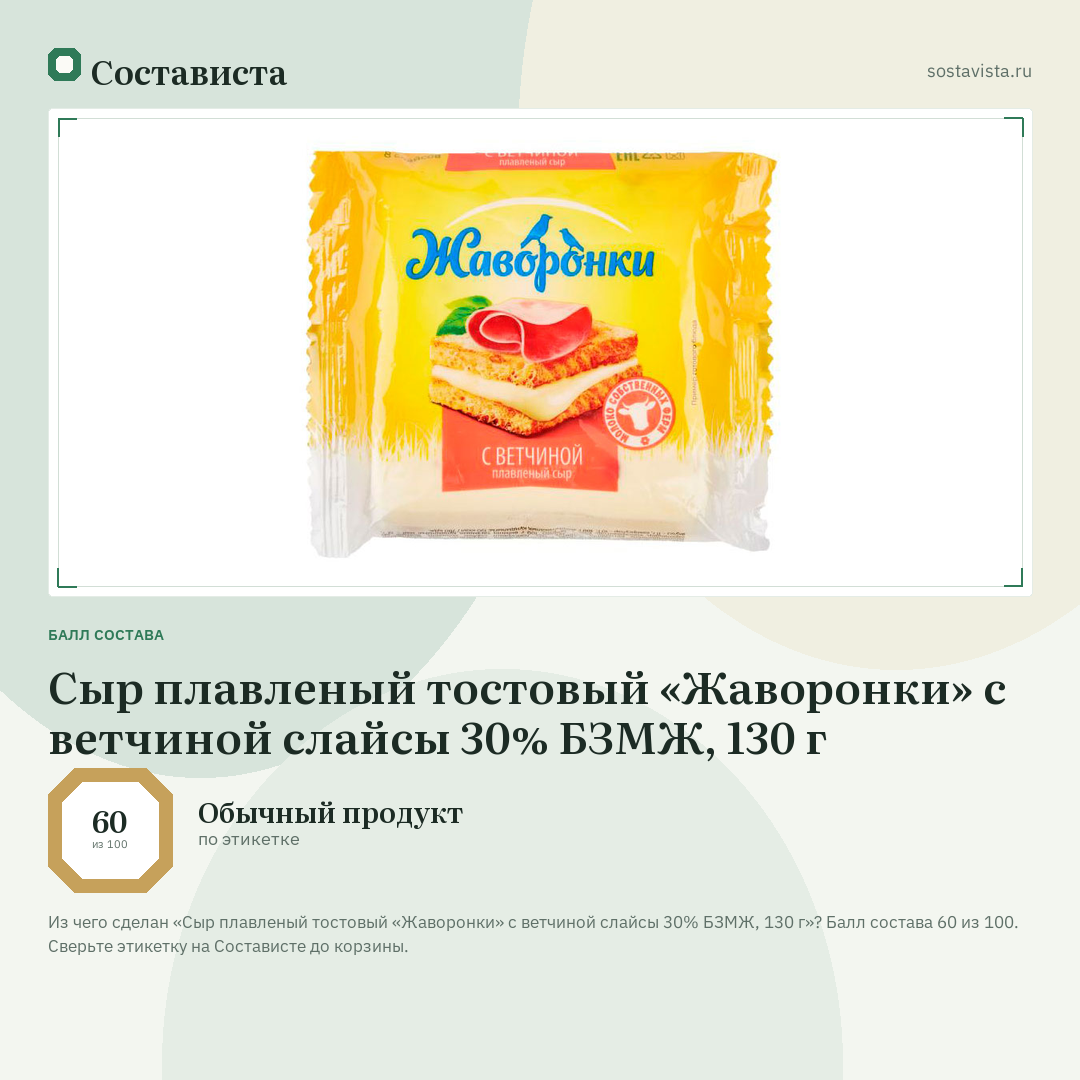 Сыр плавленый тостовый «Жаворонки» с ветчиной слайсы 30% БЗМЖ, 130 г: балл состава 60 из 100 — Состависта