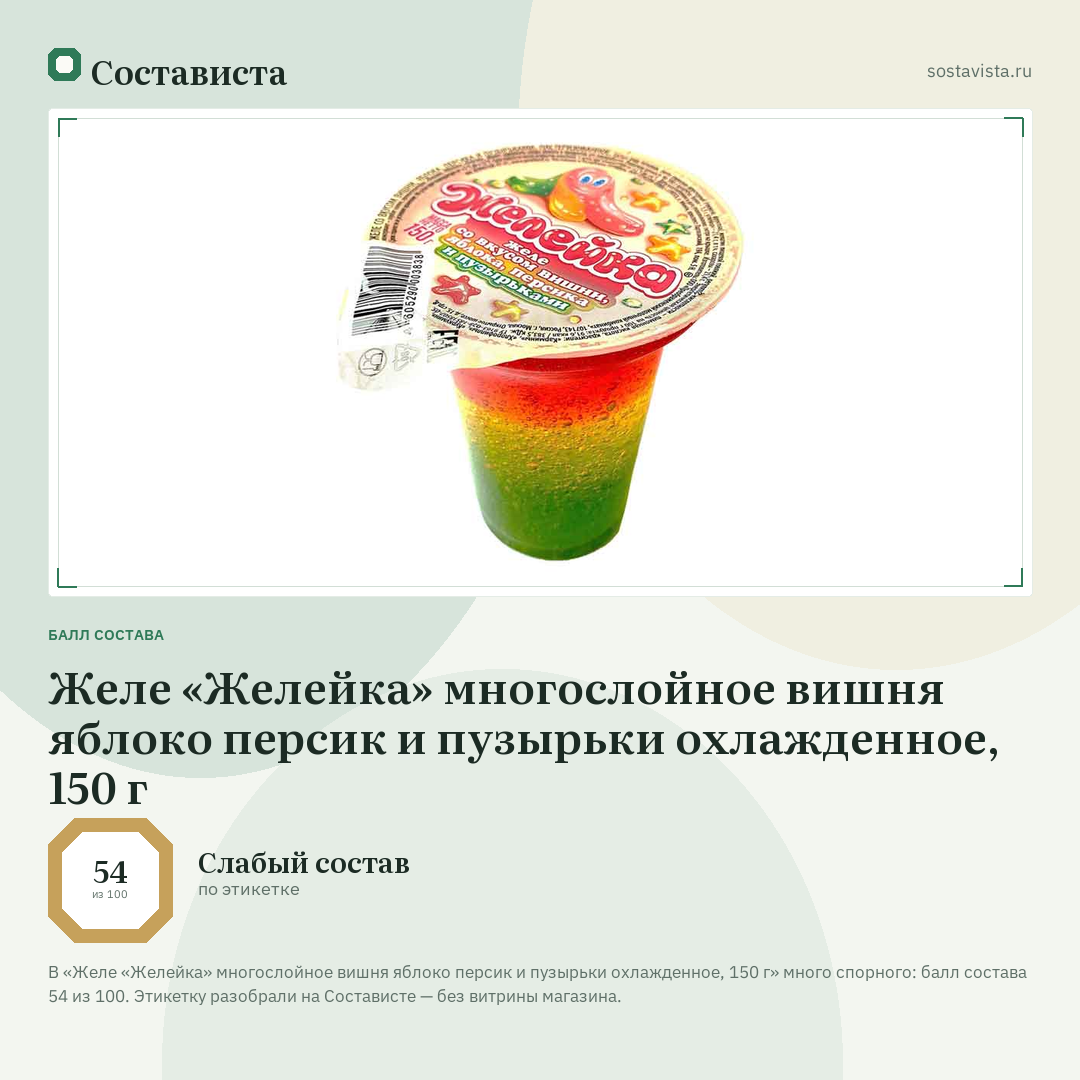 Желе «Желейка» многослойное вишня яблоко персик и пузырьки охлажденное, 150 г: балл состава 54 из 100 — Состависта