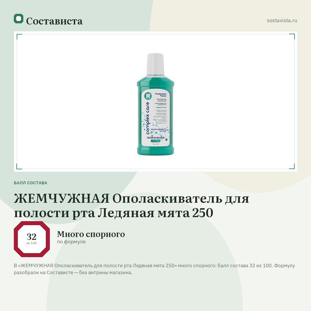 ЖЕМЧУЖНАЯ Ополаскиватель для полости рта Ледяная мята 250: балл состава 32 из 100 — Состависта