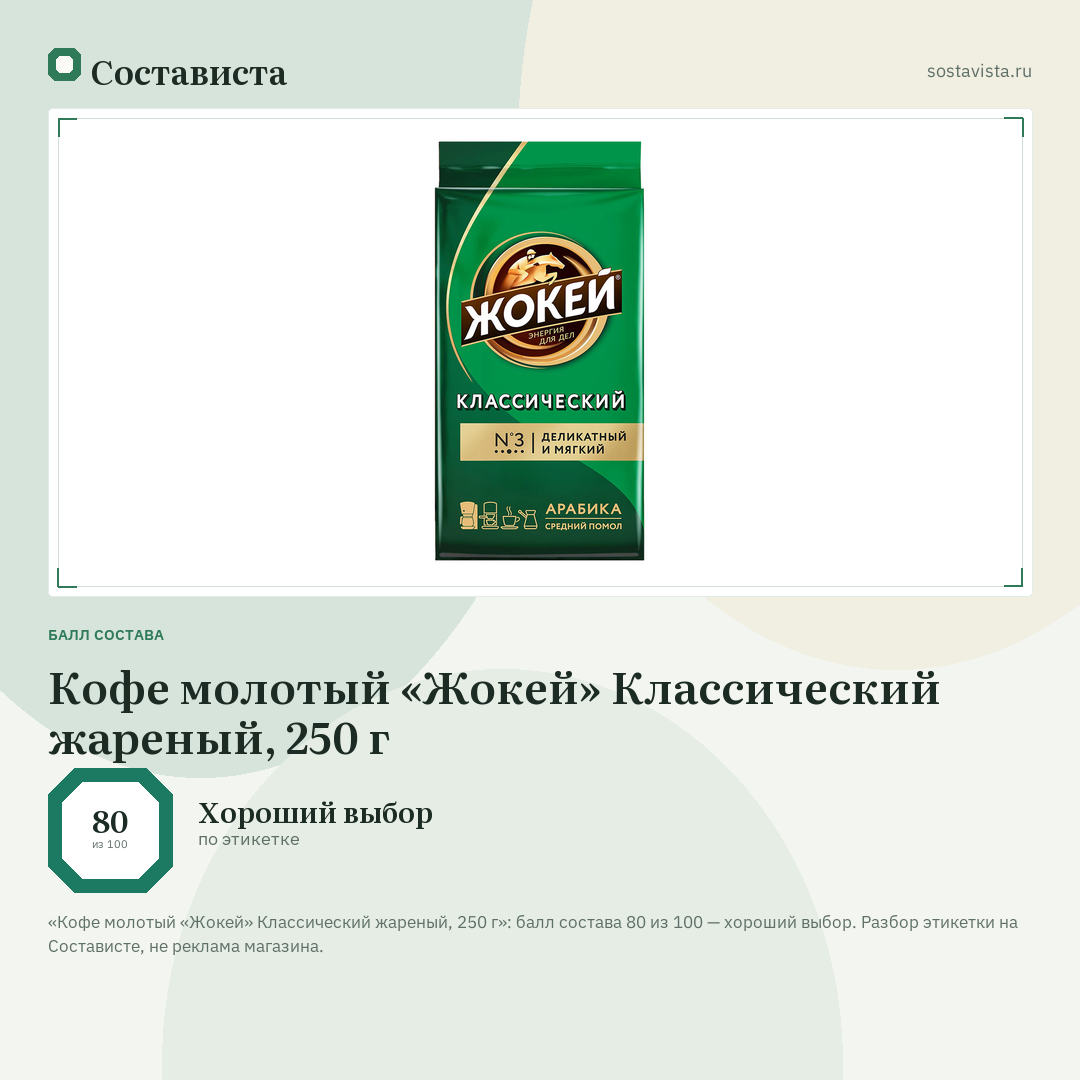 Кофе молотый «Жокей» Классический жареный, 250 г: балл состава 80 из 100 — Состависта