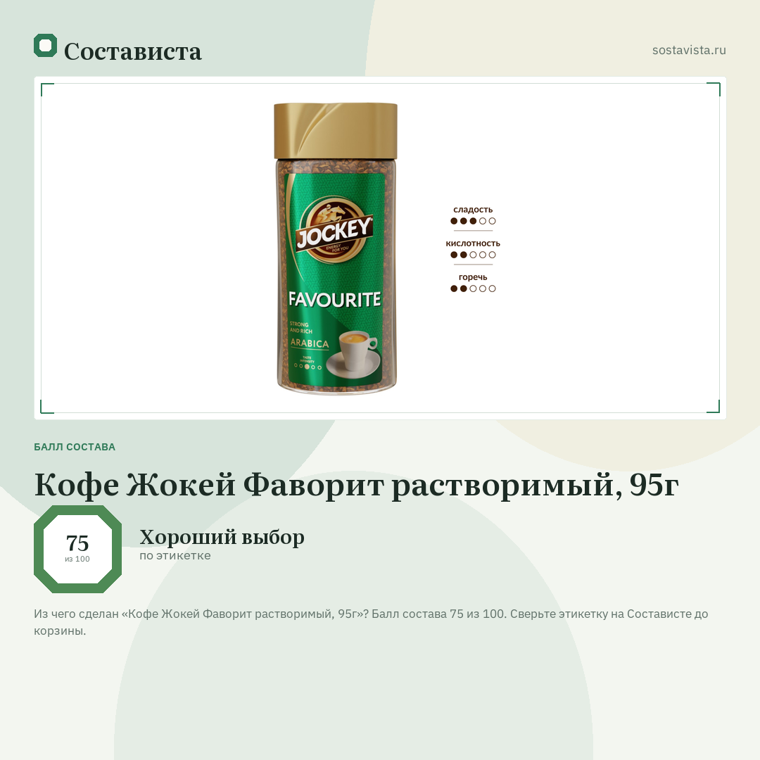 Кофе Жокей Фаворит растворимый, 95г: балл состава 75 из 100 — Состависта
