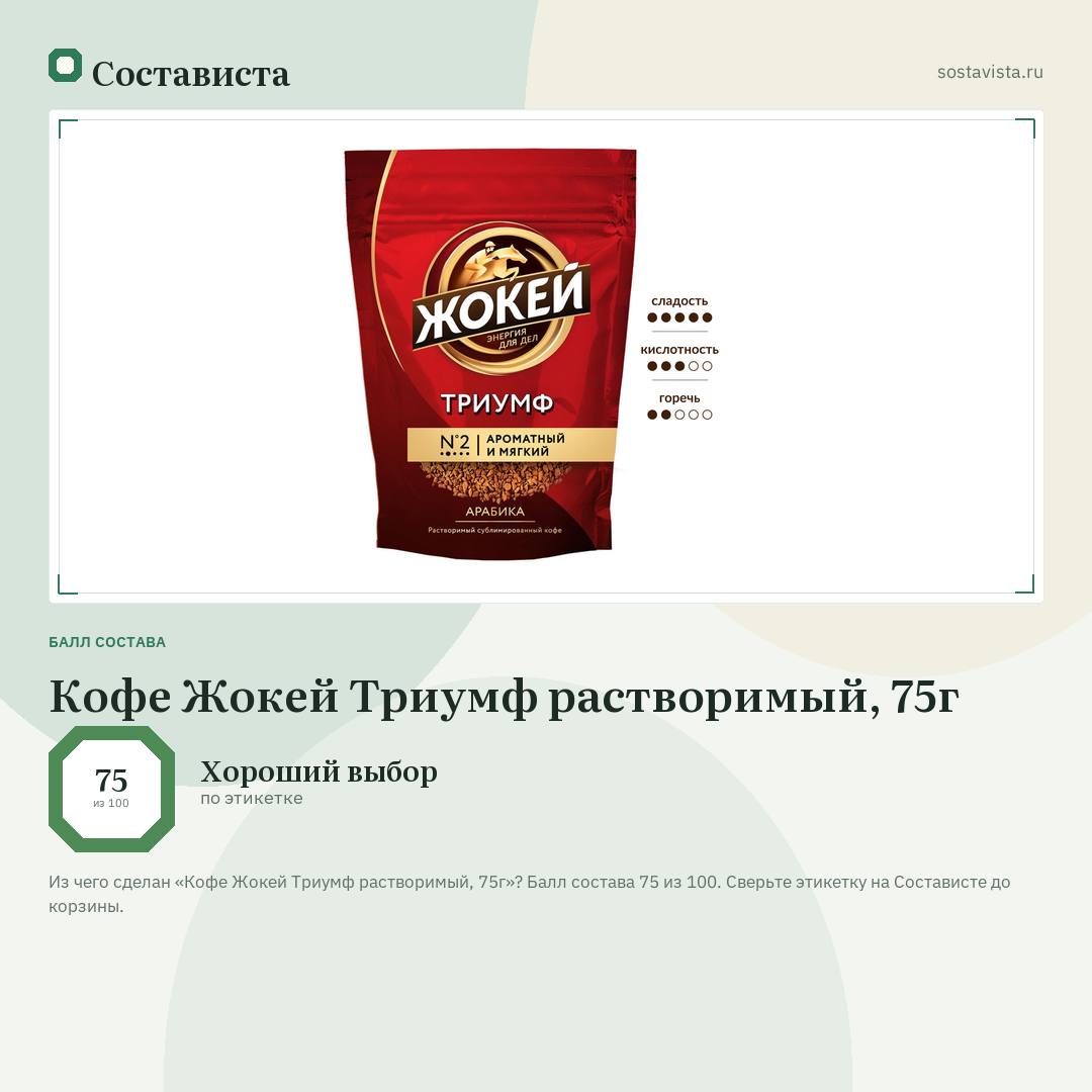 Кофе Жокей Триумф растворимый, 75г: балл состава 75 из 100 — Состависта