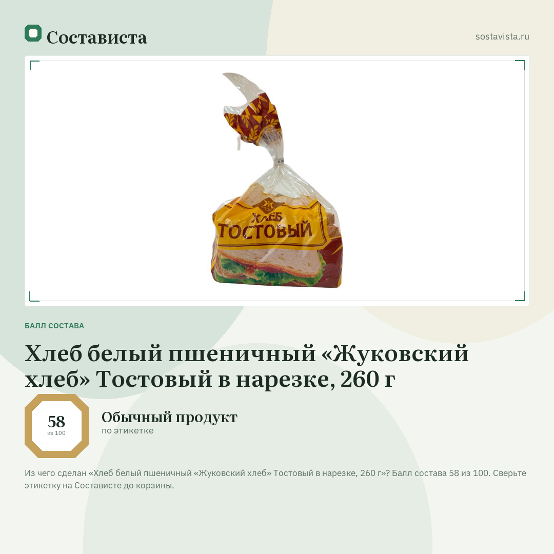 Хлеб белый пшеничный «Жуковский хлеб» Тостовый в нарезке, 260 г: балл состава 58 из 100 — Состависта