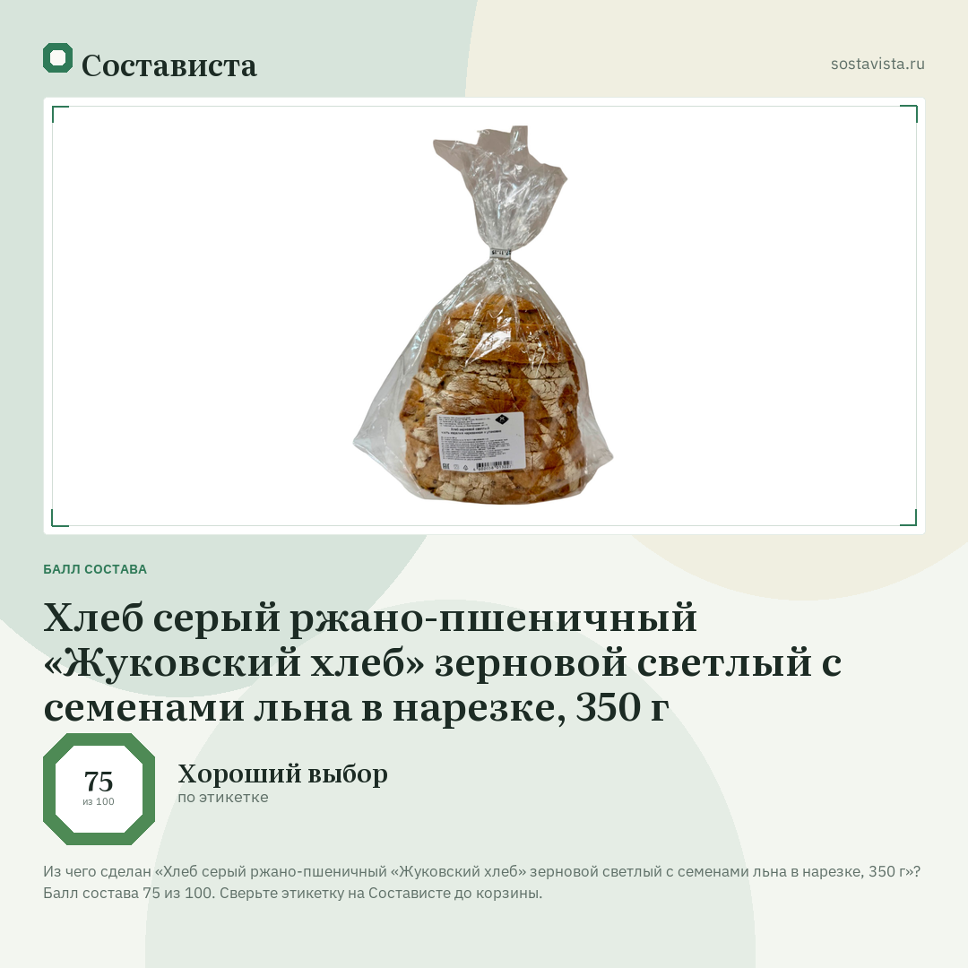 Хлеб серый ржано-пшеничный «Жуковский хлеб» зерновой светлый с семенами льна в нарезке, 350 г: балл состава 75 из 100 — Состависта