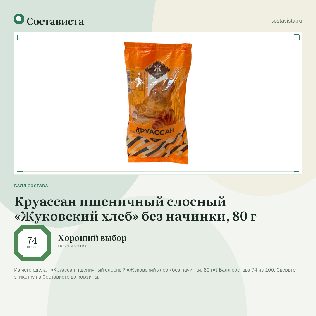 Круассан пшеничный слоеный «Жуковский хлеб» без начинки, 80 г: балл состава 74 из 100 — Состависта