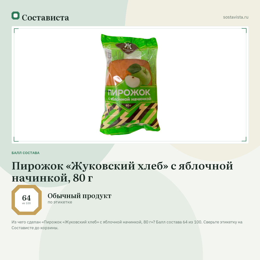 Пирожок «Жуковский хлеб» с яблочной начинкой, 80 г: балл состава 64 из 100 — Состависта